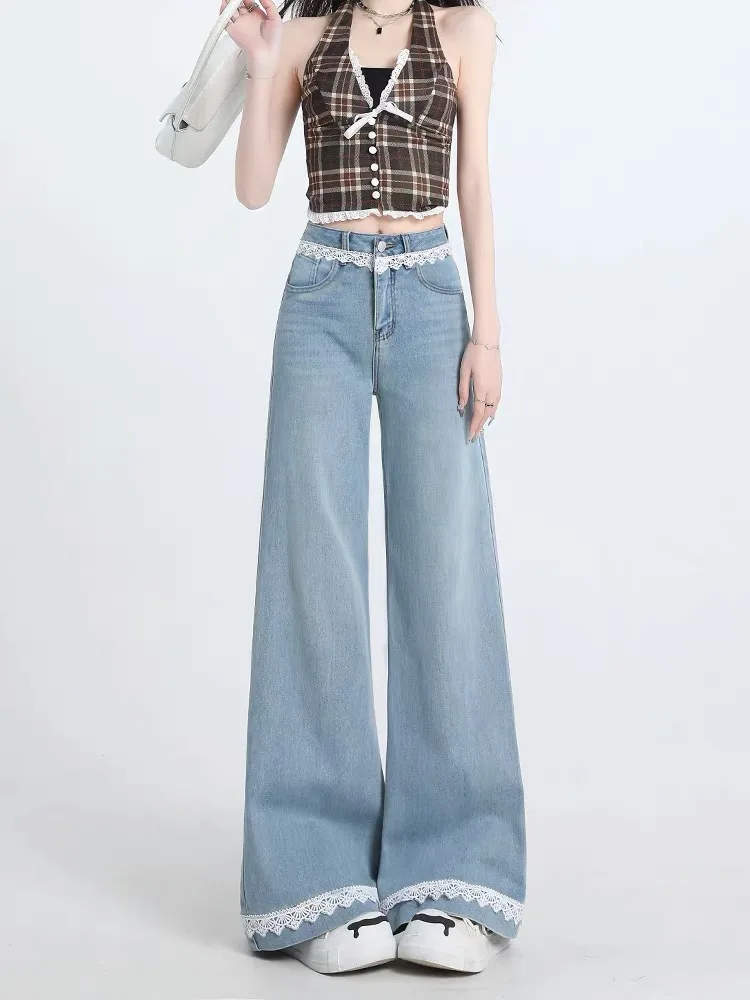 

Light Blue Bell Bottom Jeans Women's Loose Fitting Floor Length Pants High Waist Denim Shorts Spring Summer New Style Design