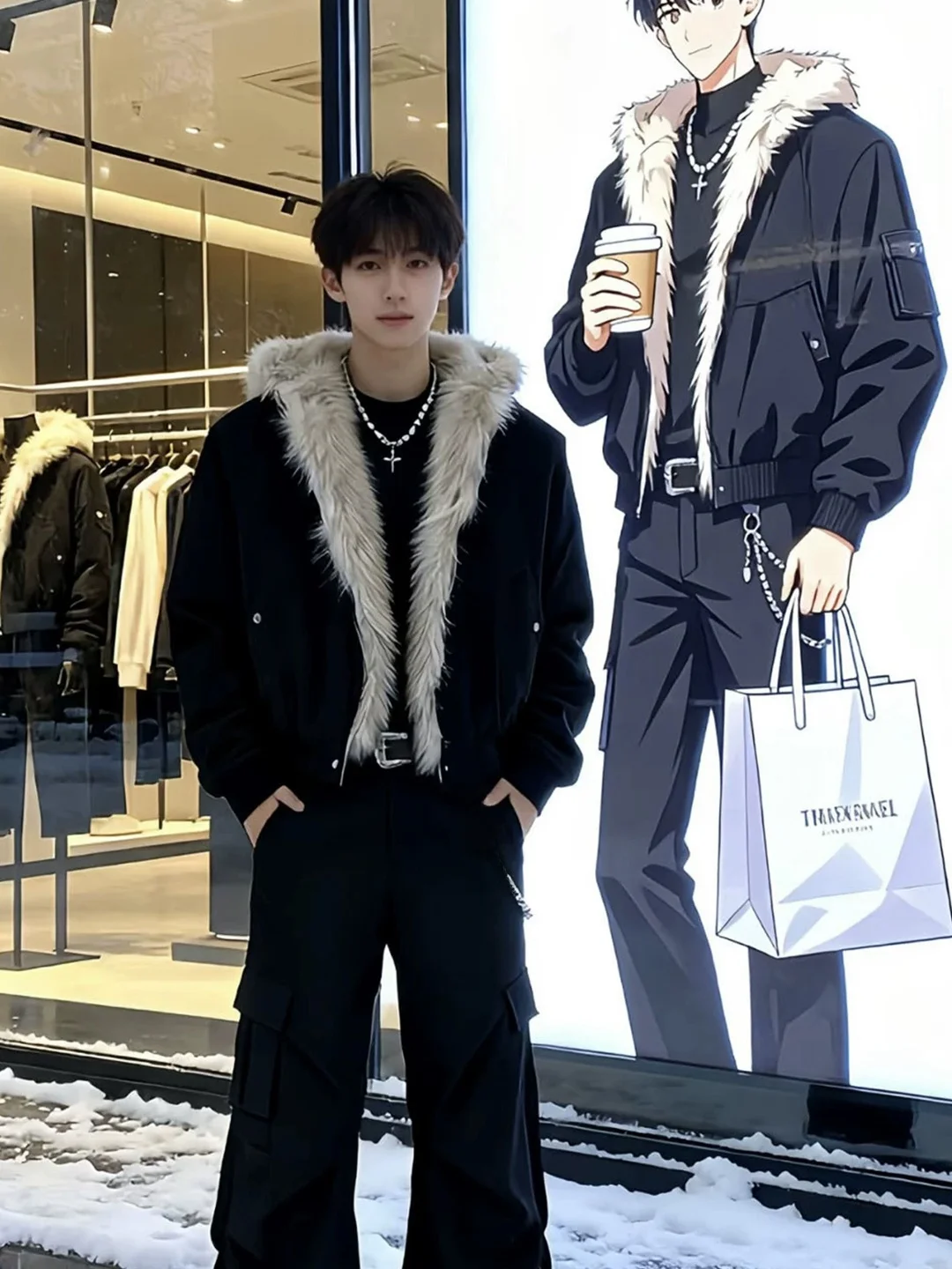 

Bla Hooded Thiened Cotton Jaet Men's Winter Coat Fur Collar Youth Faion Loose Fit ort Sle Zipper