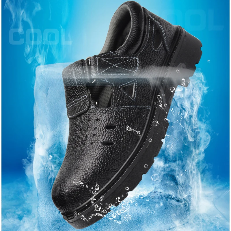 men fashion breathable steel toe caps work shoes summer genuine leather sandals worker safety boots tooling security footwear