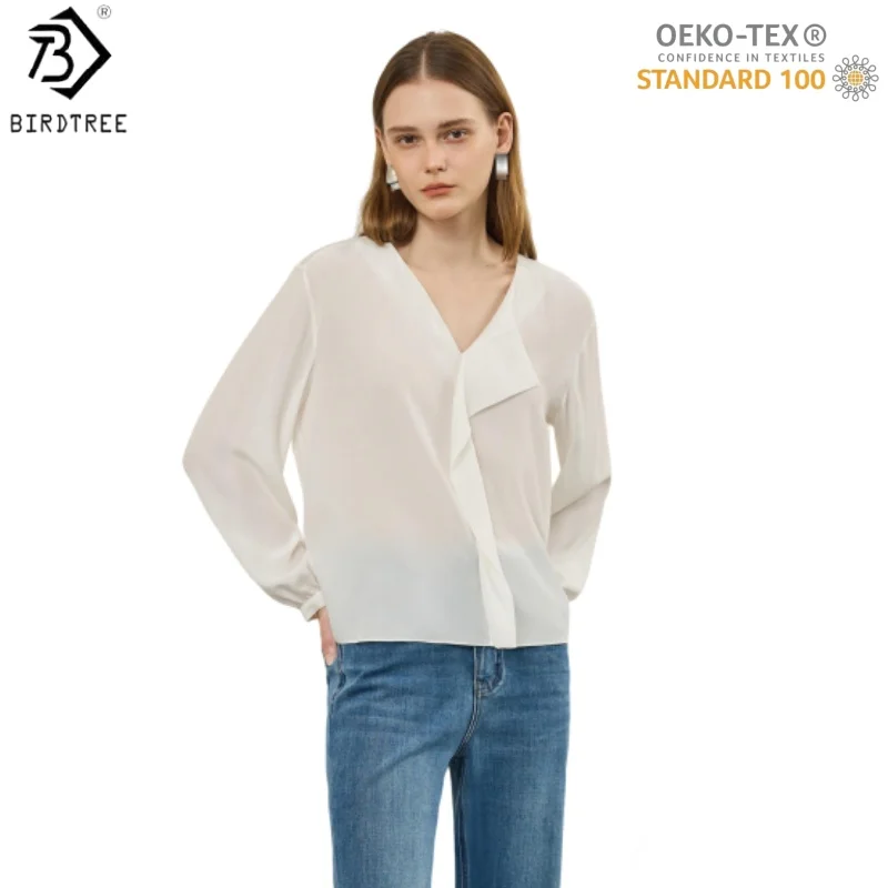 

Блузка Birdtree, OEKO-TEX, 100% натуральный шелк, 16 мм, женская, из двойного крепа, с длинным рукавом, свободный пуловер, новинка 2026, базовая модель T61410JF