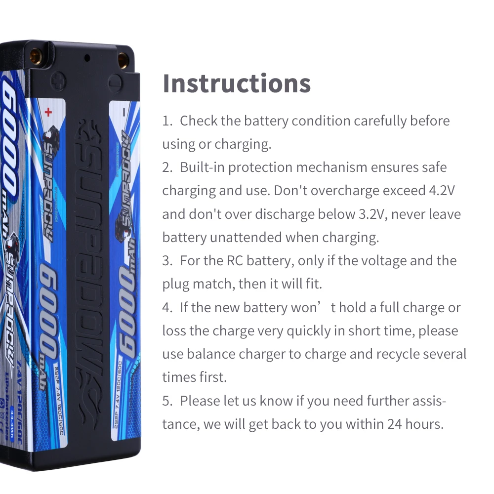 SUNPADOW Competition RC Lipo Battery 2S 4500mAh 6000mAh 120C60C with 4mm Bullet Connector for 1/10 Buggy Vehicles Car Truck Tank