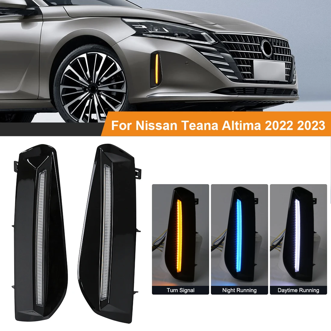 

Светодиодные дневные ходовые огни для Nissan Altima Teana 2022 2023, дневные ходовые ранцы, противотуманные фары с указателем поворота, автомобильные аксессуары белого, желтого и синего цветов 12 В