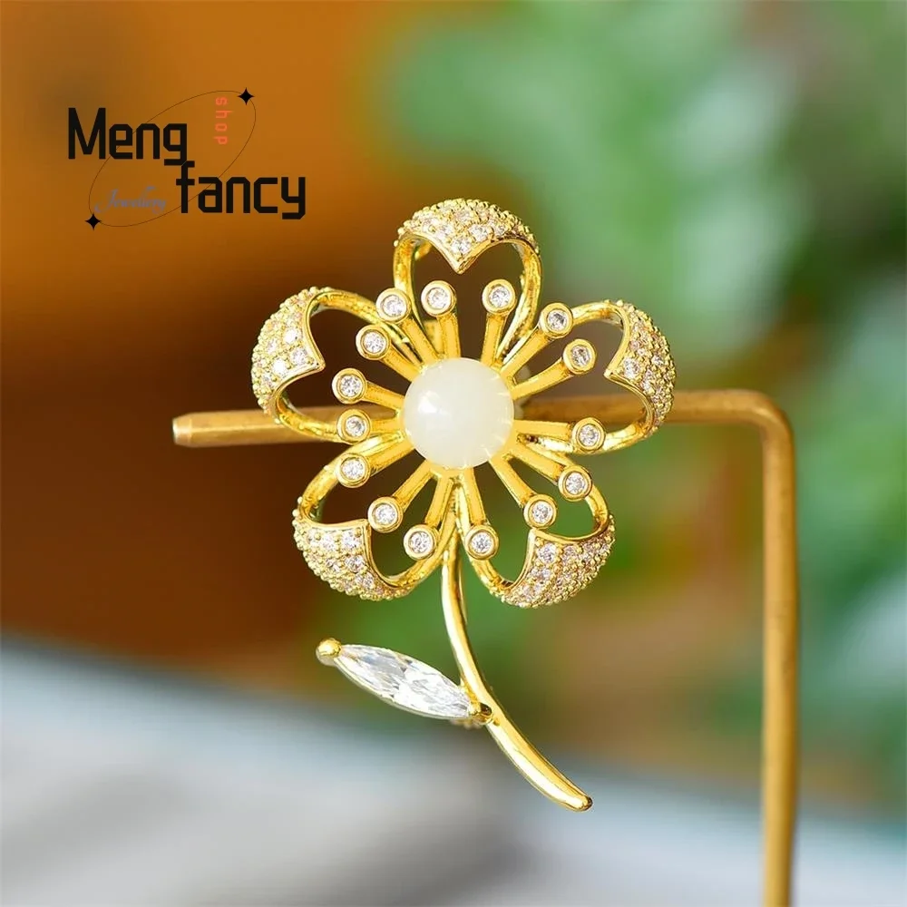 

Hetian White Jade Maple leaf Coloured Zirconia Brooch Elegant Exquisite High-grade Fashion Jewelry Sexy Young Girls Holiday Gift