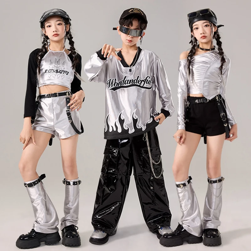 New Kids Hip Hop Dance Costume Boys Silver T Shirt Pants Girls Kpop Style Performance Set Catwalk Ballroom Dance Clothes BL14468