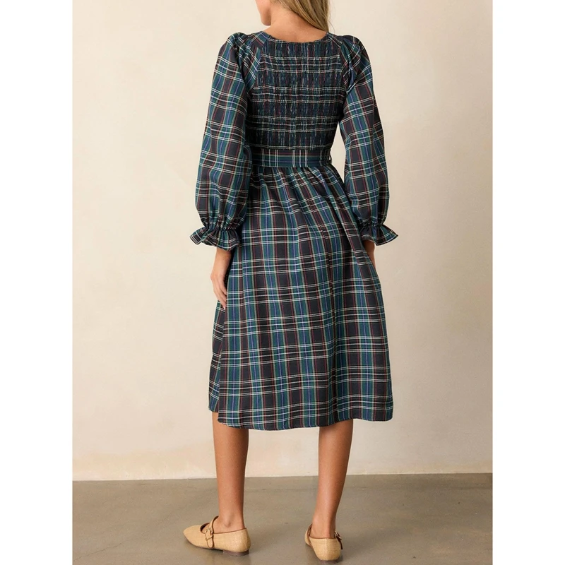 Sukienka midi w stylu vintage z nadrukiem w kratę, z falbankami, dekoltem w serek, długimi rękawami typu latarnia, wiązana na kokardę, z paskiem, o kroju A-line, dla kobiet, na Boże Narodzenie, z marszczeniami.