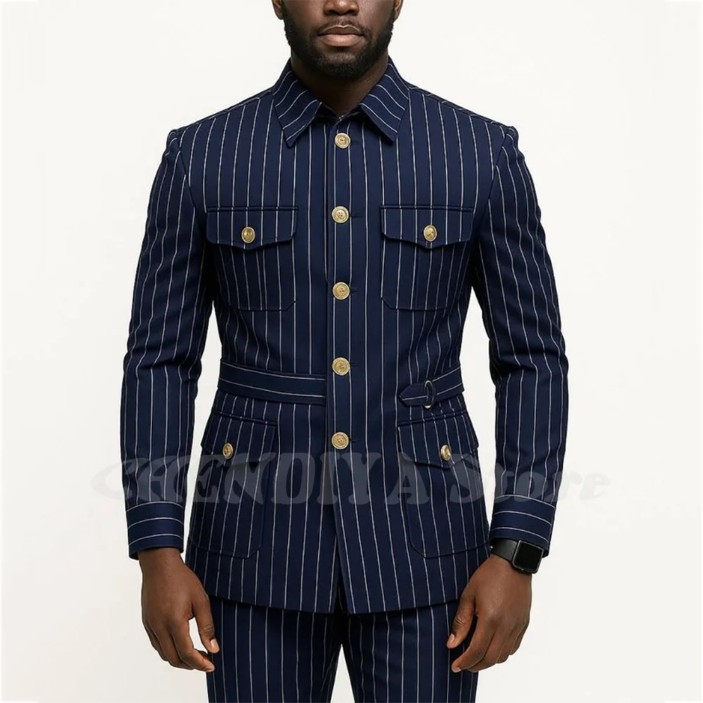 

Мужской костюм в темно-синюю полоску, классический однобортный костюм с лацканами-стойкой, Homme Slim, полный мужской комплект, формальный офис, комплект из 2 предметов