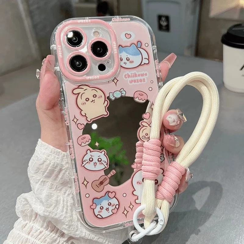 Chiikawa Mirror Case for IPhone 16 15 14 13 Pro Max Case Hand Wrist Strap Soft Cover for Iphone 16promax 15 14 Pro Cover Fundas