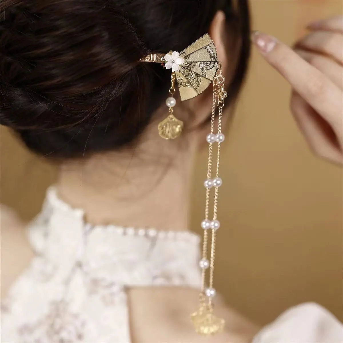 1pc Chinesischen Stil Nische Persönlichkeit Fan-förmigen Legierung Haarnadel Exquisite Quaste Hanfu Qipao Headwear Schnell Geflochtene Haar Artefakt – Detail 3