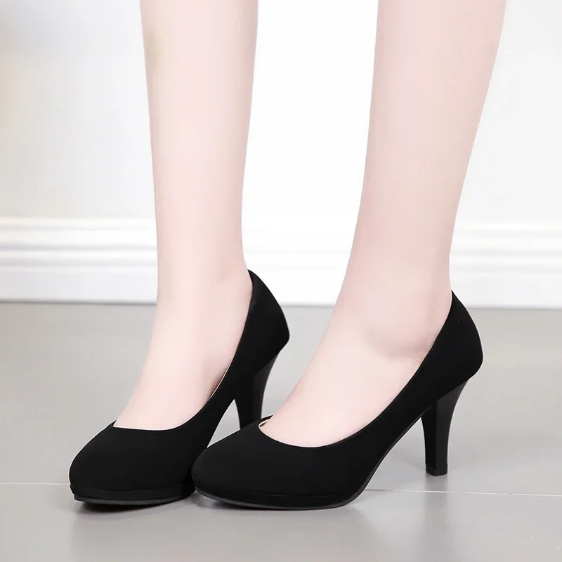 2024 Spring/Summer/Autumn New Shallow Mouth Single Shoes Girl High Heel Round Head Black Professional Work Shoes