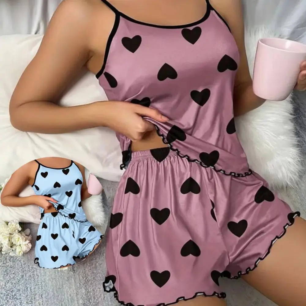 Pink Heart-Shaped Print Pajama Set Ice Silk Top Comfortable Sling Pajamas Leisure Suit Suspender Shorts Thin Pajamas Summer