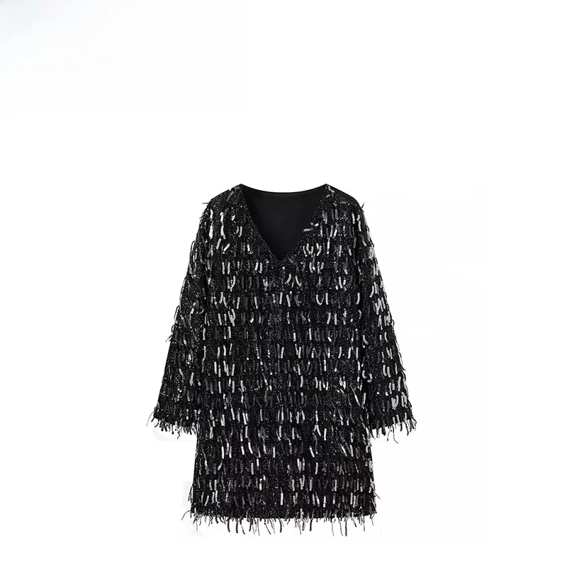 

2025 autumn European and American style V-neck long sleeved tassel bead embellished MIDI dress