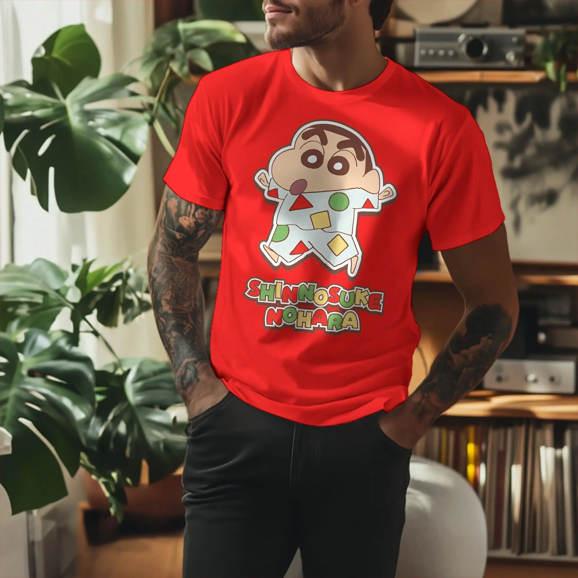 Novelty Happy Crayon Shin-chan Anime T Shirt Men's O-neck Short Sleeve Clothes  100%Cotton Summer Tops