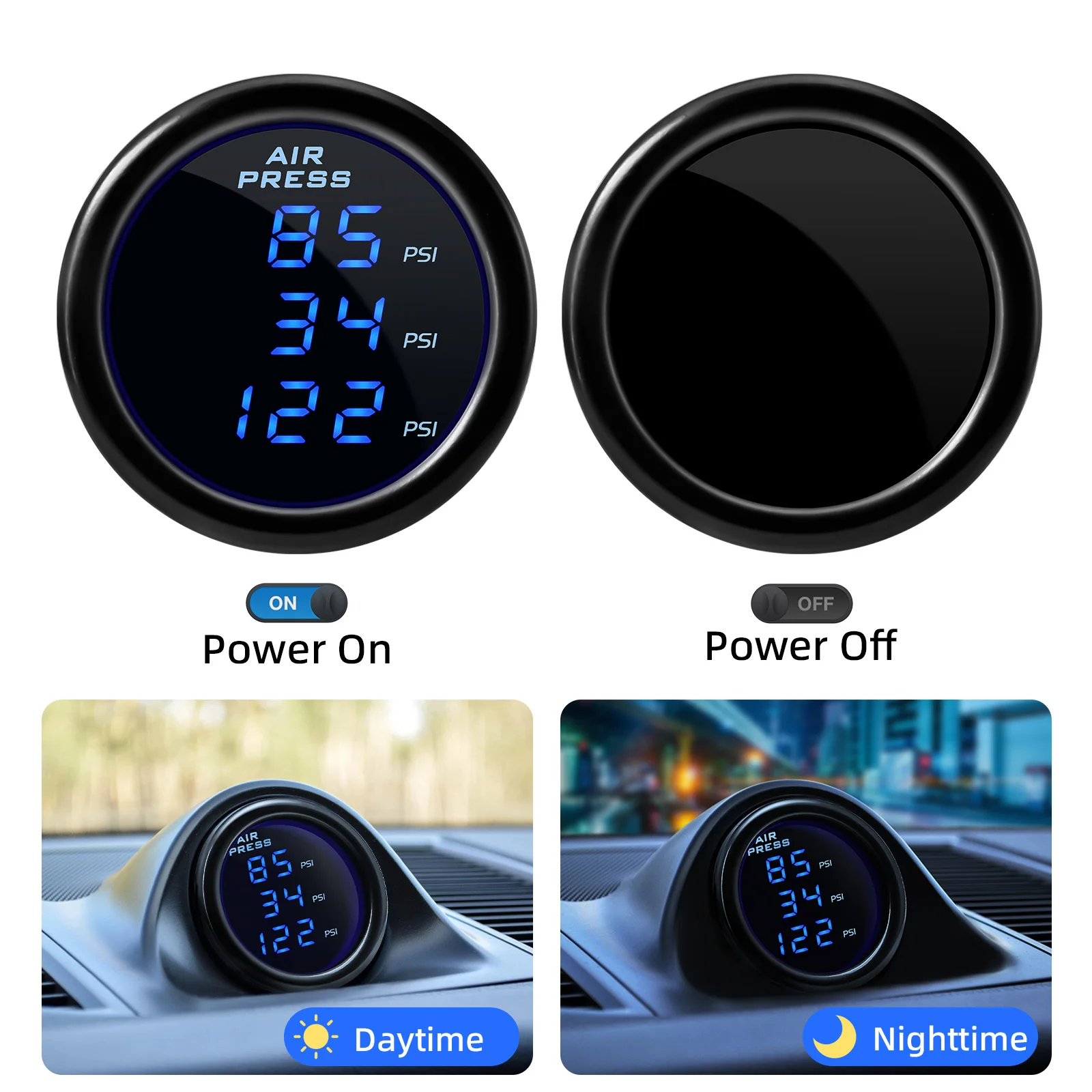 52mm Car Air Pressure Gauge Blue LED Boost Gauges Three Digital Display 220PSI Air Ride Suspension with 3pcs 1/8NPT Sensors