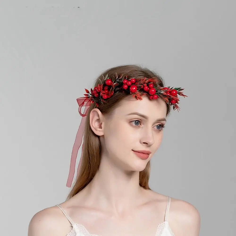 Year Decoration Wedding Party Hairband For Girls Cloth Wreath Decoration Red Berry Garland Crown Flower Headband Women Headwear