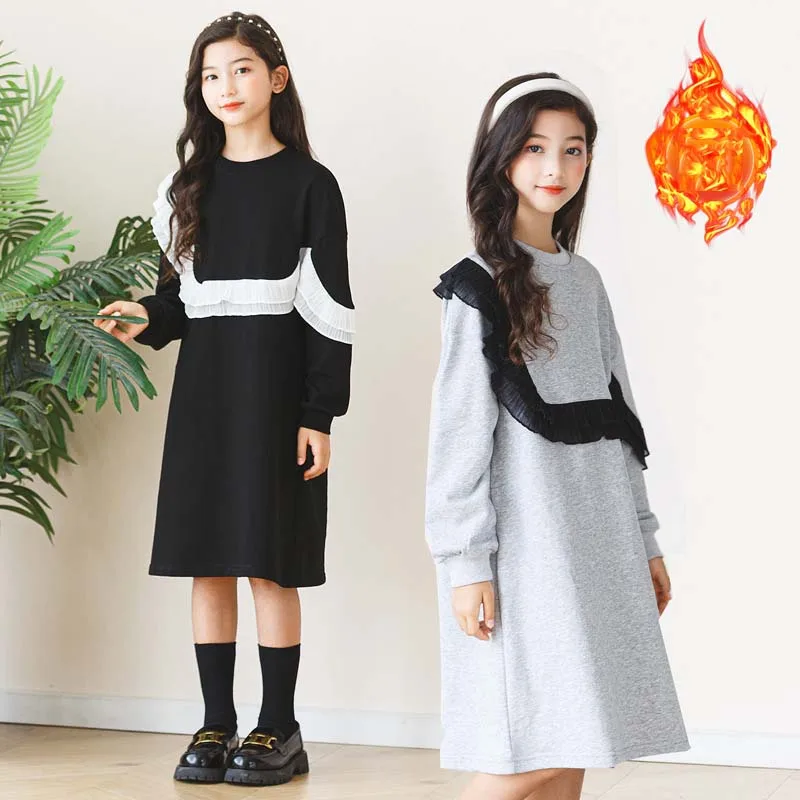 ZOETOP Autumn Winter School Girl Thicekn Dress Children Girl Black Fungus Edge Loose Fitting Dress Junior Girl Contrast Dress