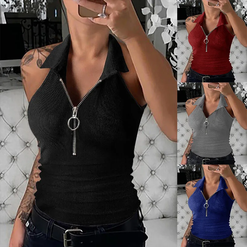 2026 New Women's Solid Color Zip Front Halter Neck Ruched Crop Top Elegant Commute Soft Comfortable All Match Slim Fit Tank Top