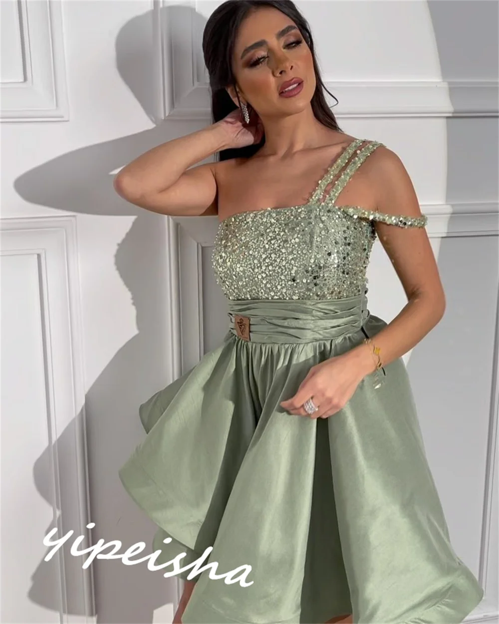 Fashion One-shoulder Ball Gown Knee Length Cocktail Dresses Sequin Satin Formal Occasion  abiti per occasioni formali ladies