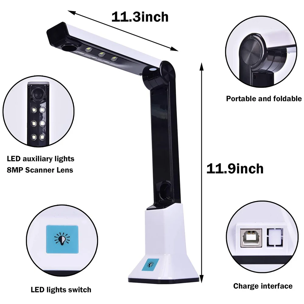 Document Camera for Teachers, Portable USB Document Camera Scanner with Stand 8MP HD A4 Format Doc Cam Photo Scanner