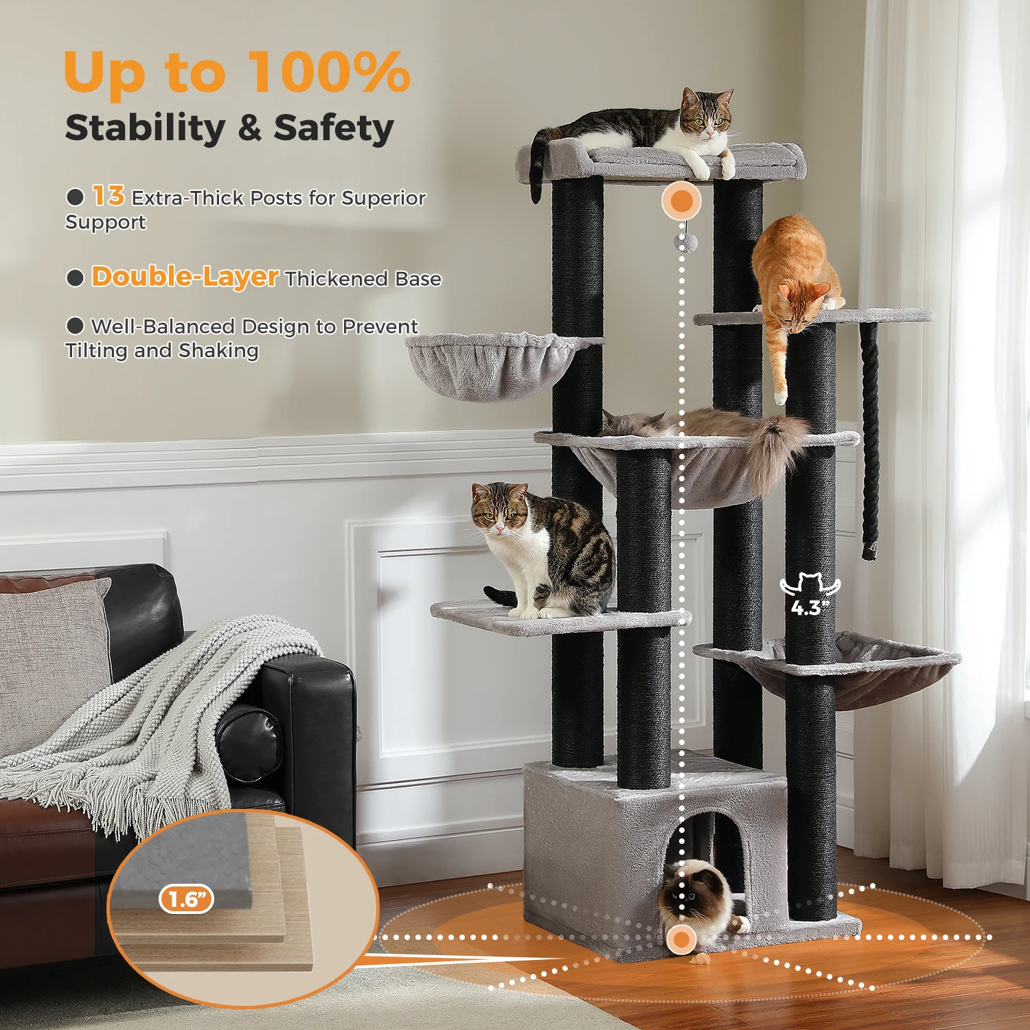 66.5inch /170cm Cat Tower for Indoor Cats, Multi-Level Cat Condo Scratching Posts, Perches, Hammock, Cave