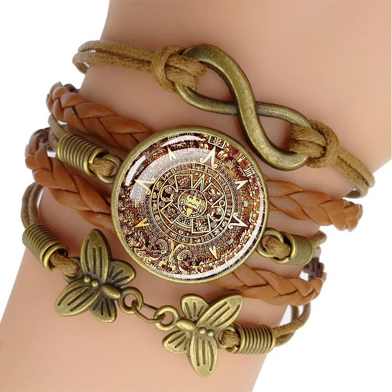 Aztec Calendar Bracelet Ancient Mexico Art Braided Leather Charm Bracelets for Man Women