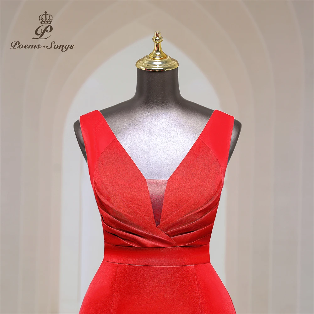 Elegant Deep V neck red soft satin evening dresses for women party dresses Bridesmaid dress formal occasion dress prom dresses