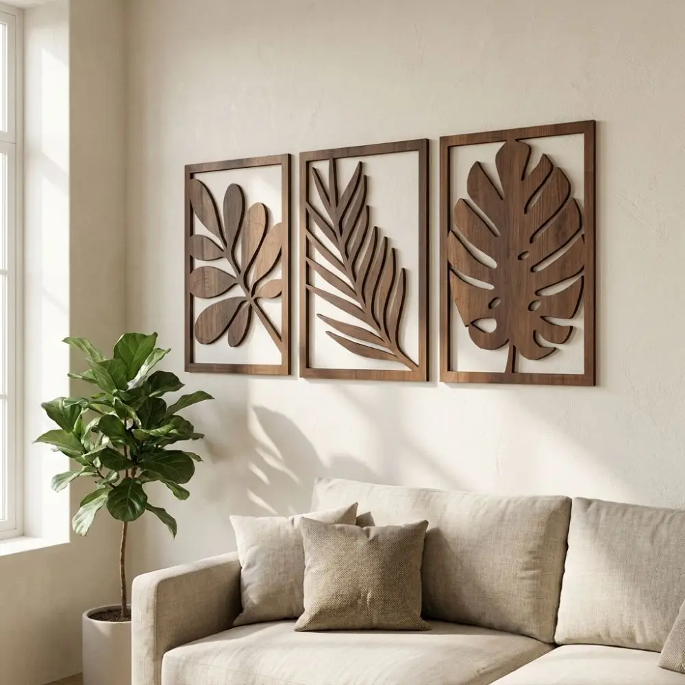 3Pcs Rustic Wooden Tropical Leaves Wall Sign Farmhouse Artistic Monstera Wall Panel Set Botanical Pattern Cutout Leaf