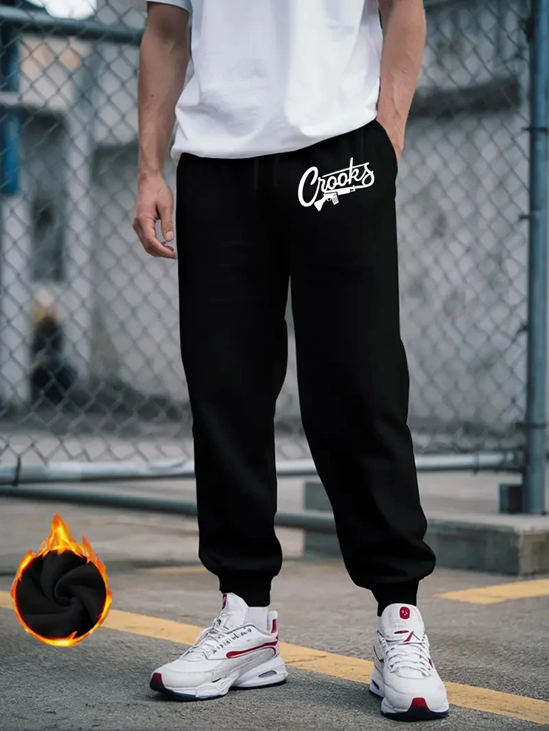 

Men's Crooks Letter Printed Sweatpants 2025 Winter Warm Casual Joggers Streetwear Elastic Waist Sports Trousers