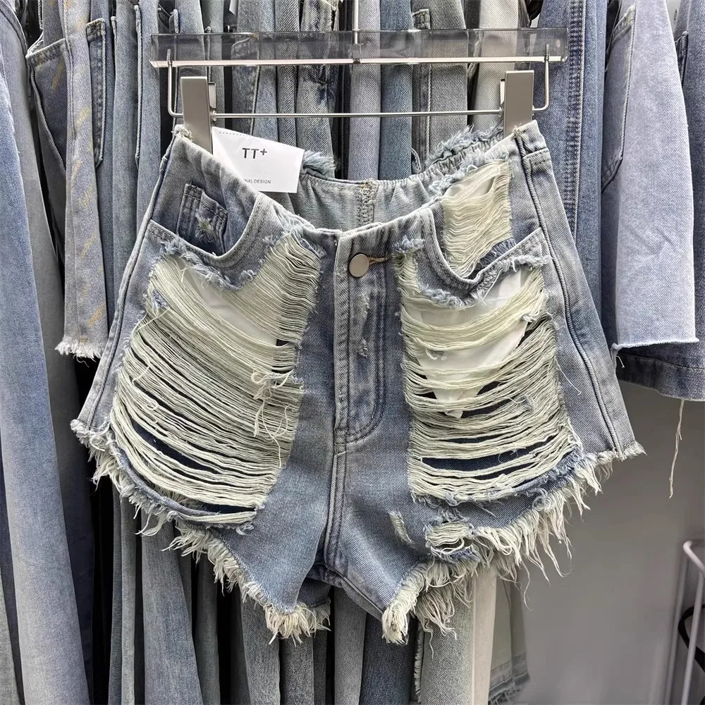 Design Ripped Denim Shorts Women 2025 Summer New Sexy Wide-legged Jeans A-shaped Hot Pants