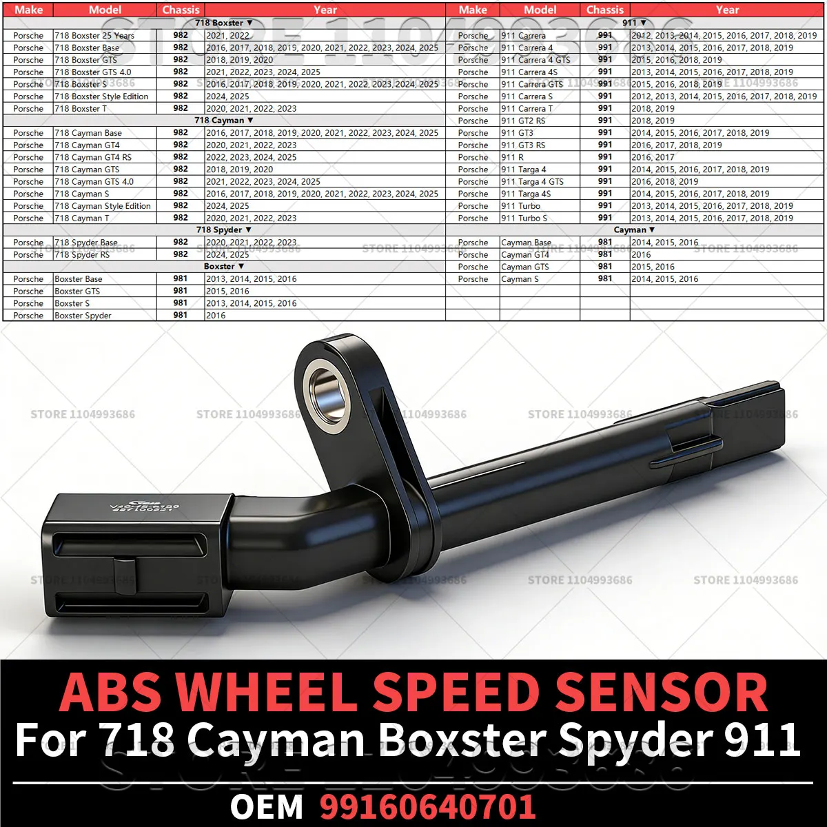 For Porsche 2013-2025 718 Cayman Boxster Spyder (982 981) 2012-2019 911 (991) ABS WHEEL SPEED SENSOR Left/Right OEM 99160640701