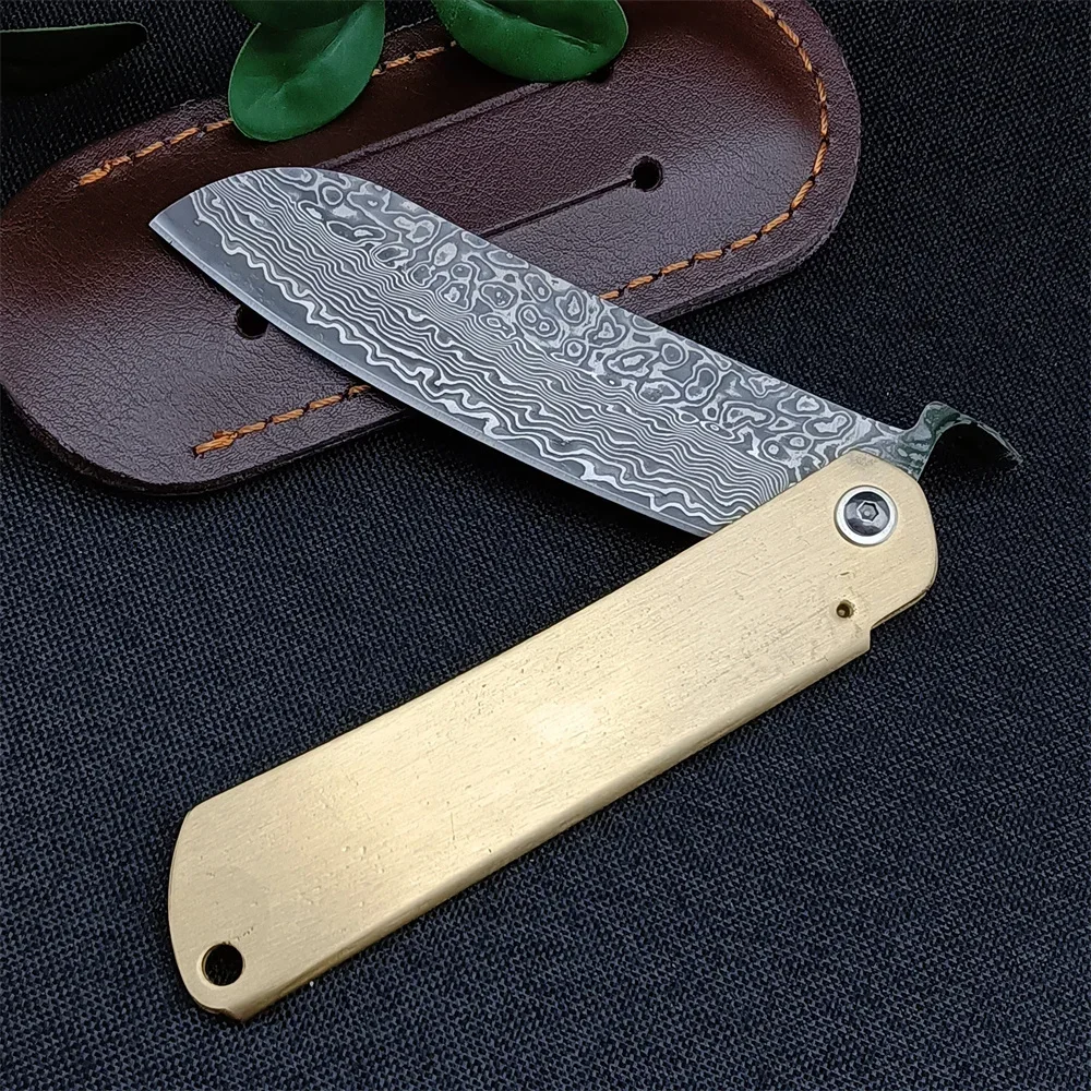 Japanese Higonokami Pocket Folding Knife Damascus Steel Copper Handle Outdoor Camping Survival Knives Tactical Hunting EDC Tools