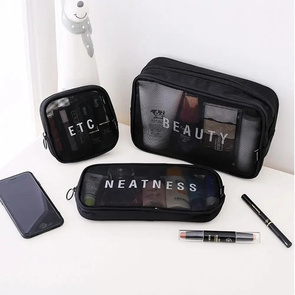 Women Fashion Makeup Bag Women Solid Color Zipper Cosmetic Bag Mesh Transparent Casual Travel Portable Mini Wash Storage Bags