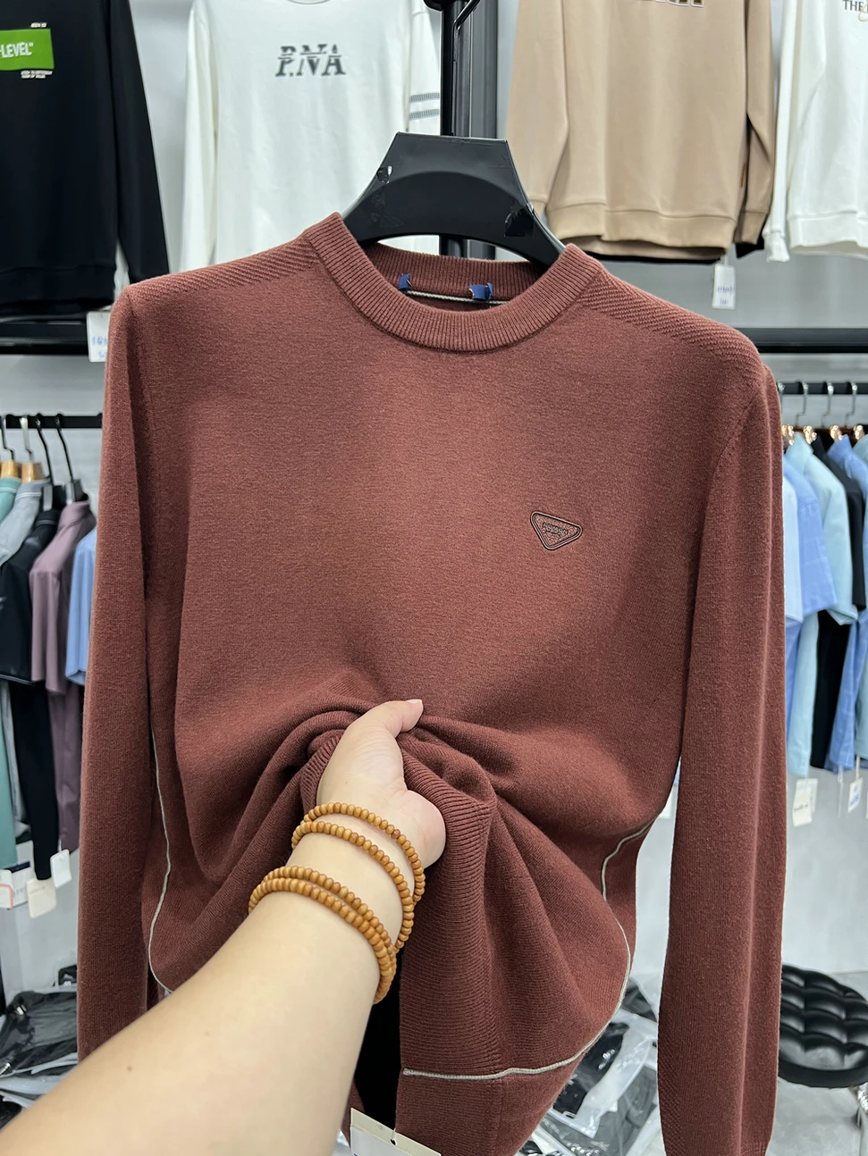 

Однотонный круглый вязаный свитер из модала и шерсти, повседневный, для ношения под одеждой, деловой повседневный стиль, из модального волокна, с длинными рукавами, мужской свитер