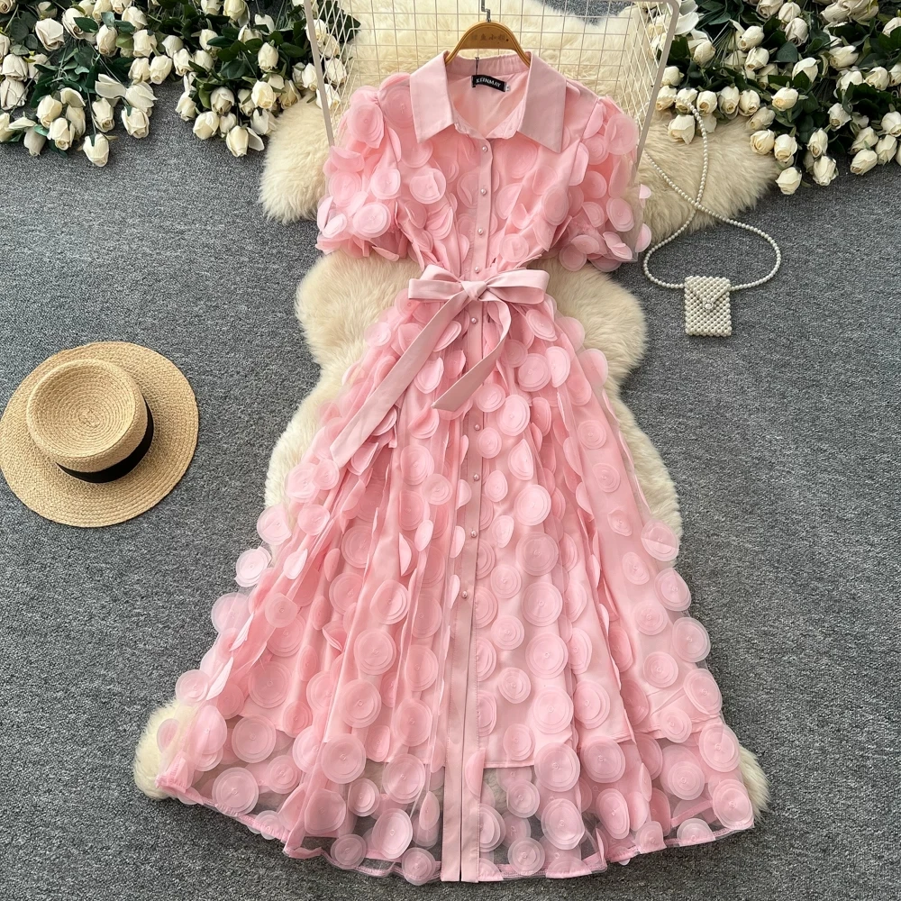 

Luxury 3D Floral Appliqué Mesh Tulle Shirt Dress Front Pearl Buttons Belted High Waist A Line Elegant Party Evening Long Dress