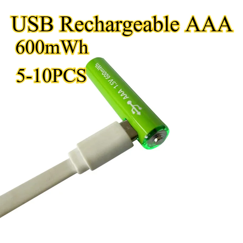

5-10 шт., 600 мВтч, USB перезаряжаемая литиевая батарея AAA 1,5 В — высокая емкость для игрушек с дистанционным управлением, фонарики, быстрая зарядка