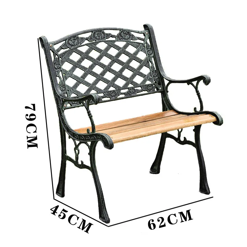 Outdoor Solid Wood Single Chair with Cast Iron Frame, Vintage Garden Balcony Seat for Courtyard Villa