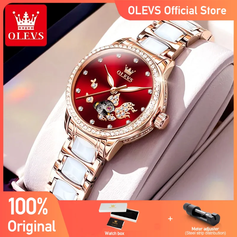 OLEVS Women's Watches Top Brand Fashion Mechanical Wristwatch Luck Koi Carp Drill Ring Dial Watch for Ladies Waterproof Ceramics