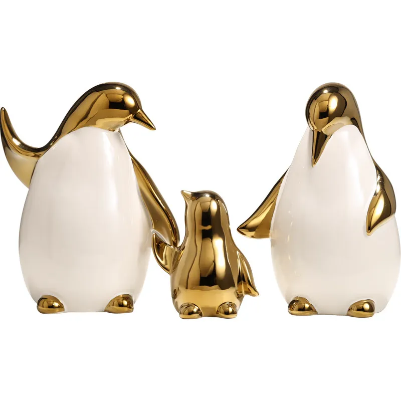 Creative Animal Cartoon Ceramic Figurines Golden Penguin Decoration Little Penguin Sculpture Ceramic Craft Home Decor Accessorie