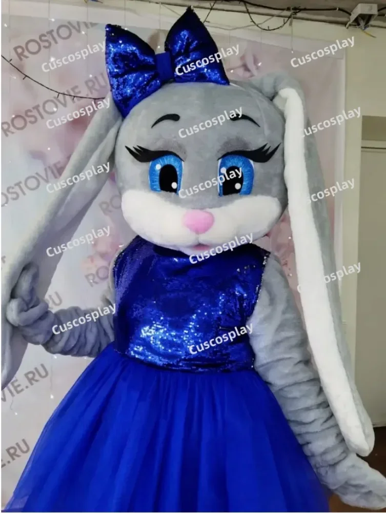 

Cute Grey Hare Rabbit Mascotte Fancy Cartoon Mascot Costume Plush Fancy BLUE Dress Mascot Costume