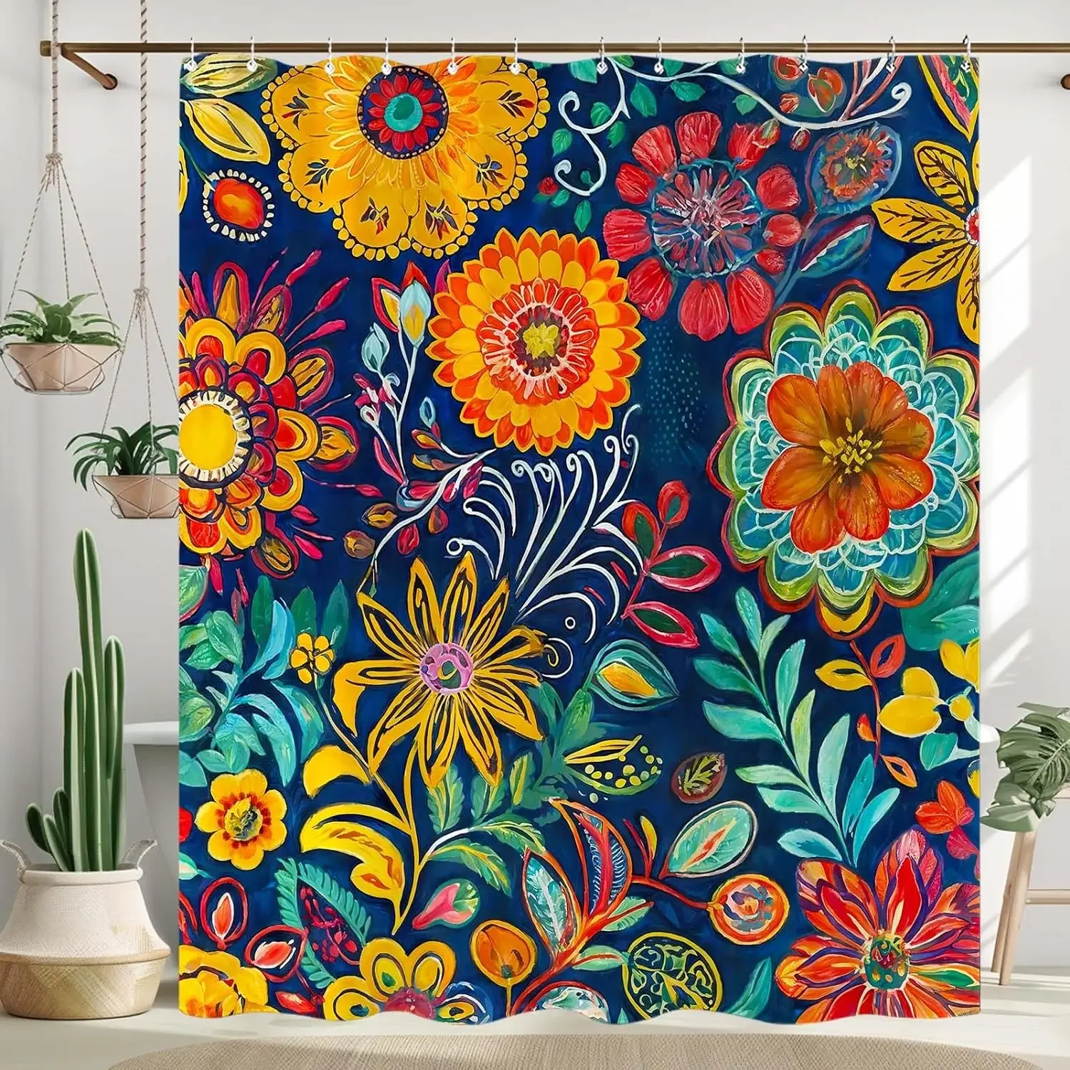 Colorful Boho Floral Shower Curtain Oil Painting Flowers Green Leaf Plant Spring Bathroom Decor Retro Polyester Bathtub Curtain