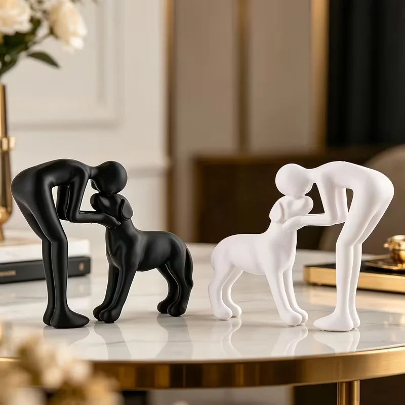 Human & Dog Figurine Abstract Pet Lover Sculpture Black White Man Kiss Puppy Statue 3D Tabletop Coffee Table Cabinet Decor Gift