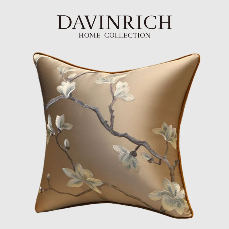 DAVINRICH Magnolia Blossom Leaves Decor Cushion Covers Quaint Elegant Exquisite Embroidery Lumbar Pillow Case For Bed Couch Sofa