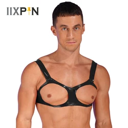 Mens Wetlook Faux Leather Open Cups Bra Underwear Sleeveless Open Bust Vest Tank Top Crop Tops Exotic Costumes Stage Clubwear