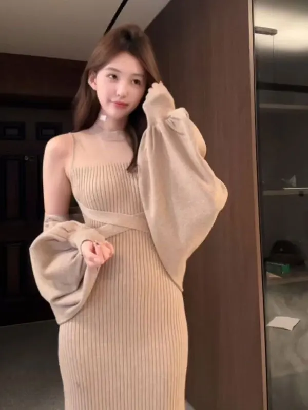 

Уникальный вязаный кардиган-жилет, комплект из двух предметов, легкий, из мягкого хлопка, длинный рукав, круглый вырез, зимний стиль