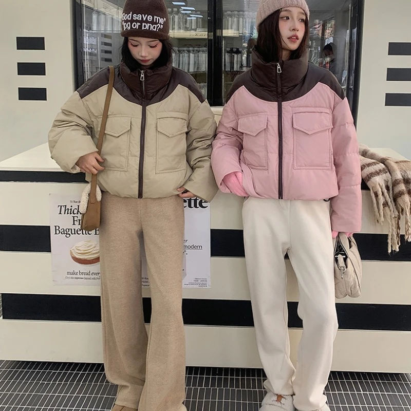 Sweet Patchwork Cropped Jacket Winter Warm Puffer Jacket Women Stand-up Collar Thick Windproof Loose High Waist Coat Streetwear