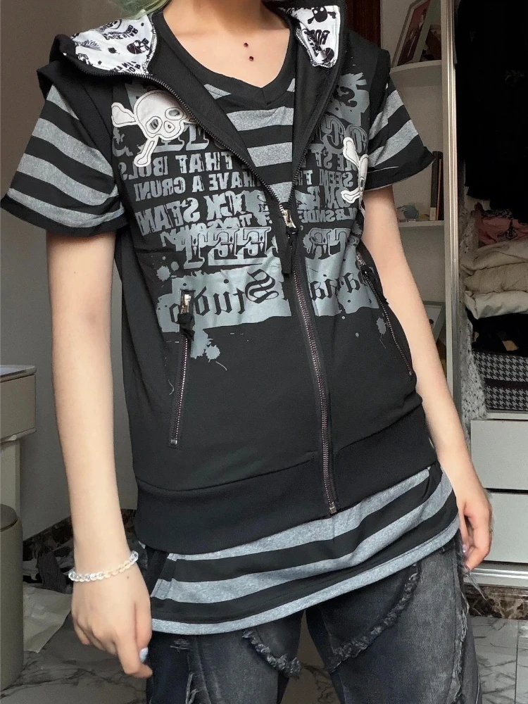 Gilet sans manches à capuche style punk japonais et vintage américain, imprimé lettres et crânes, pour femme, streetwear Y2K rétro Harajuku, Printemps 2026 Été