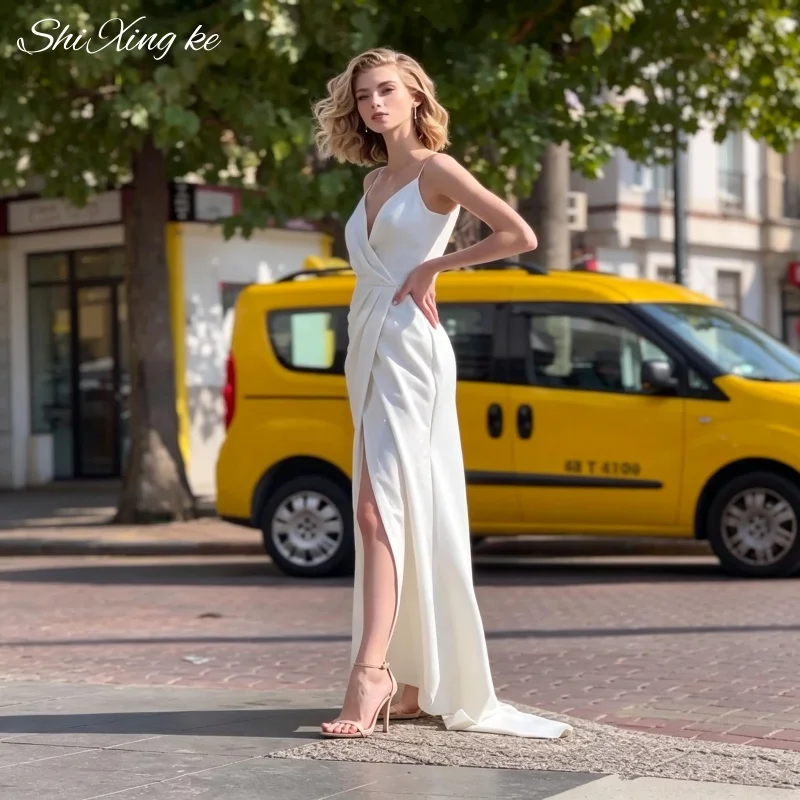 City Style Bridal Dress Natural Waist Satin V-Back Side Slit Wedding Gown Vestidos De Novia Customized