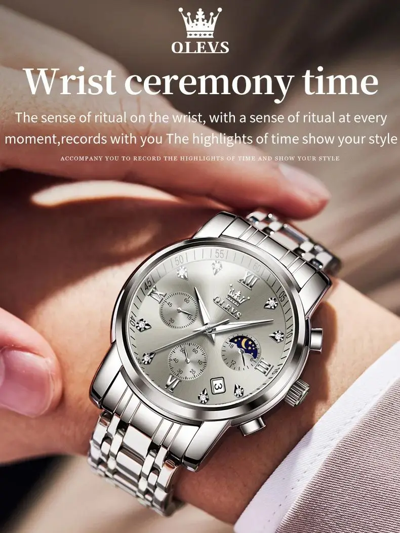 OLEVS 2858 Herenhorloge Luxe merk quartz horloge Multifunctionele chronograaf Waterdicht lichtgevend maanfasehorloge Trend herenhorloge - afbeelding 2