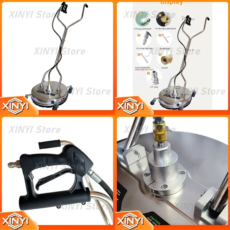 Commercial 20 Inch Stainless Steel Pressure Washer Surface Cleaner with 4 Wheels and Dual Handle for Cleaning Driveways