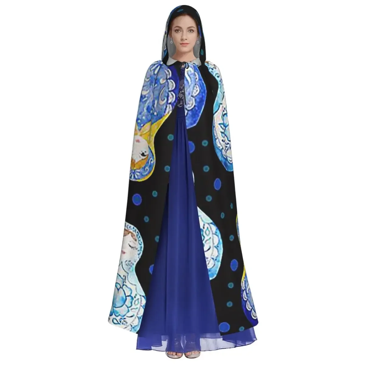 Blue Nesting Dolls Matryoshka Pattern Long Hooded  Witch Medieval Costume Cosplay Cape HalloweenVampire Adult Unisex