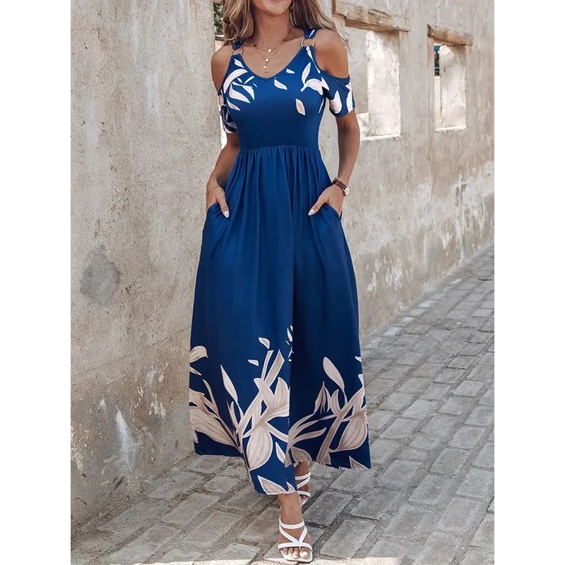 여름 여성 프린트 드레스 패션 섹시 V넥 반팔 오프숄더 캐주얼 엘레강스 맥시 드레스 여성 클럽웨어 캐주얼 드레스